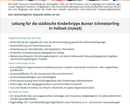 Leitung für die städtische Kinderkrippe Bunter Schmetterling in Vollzeit (m/w/d)